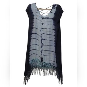 Blue Island - NWOT Hi/Lo Tie-Dye Beach Dress W/Crochet Fringe, Criss Cross Back